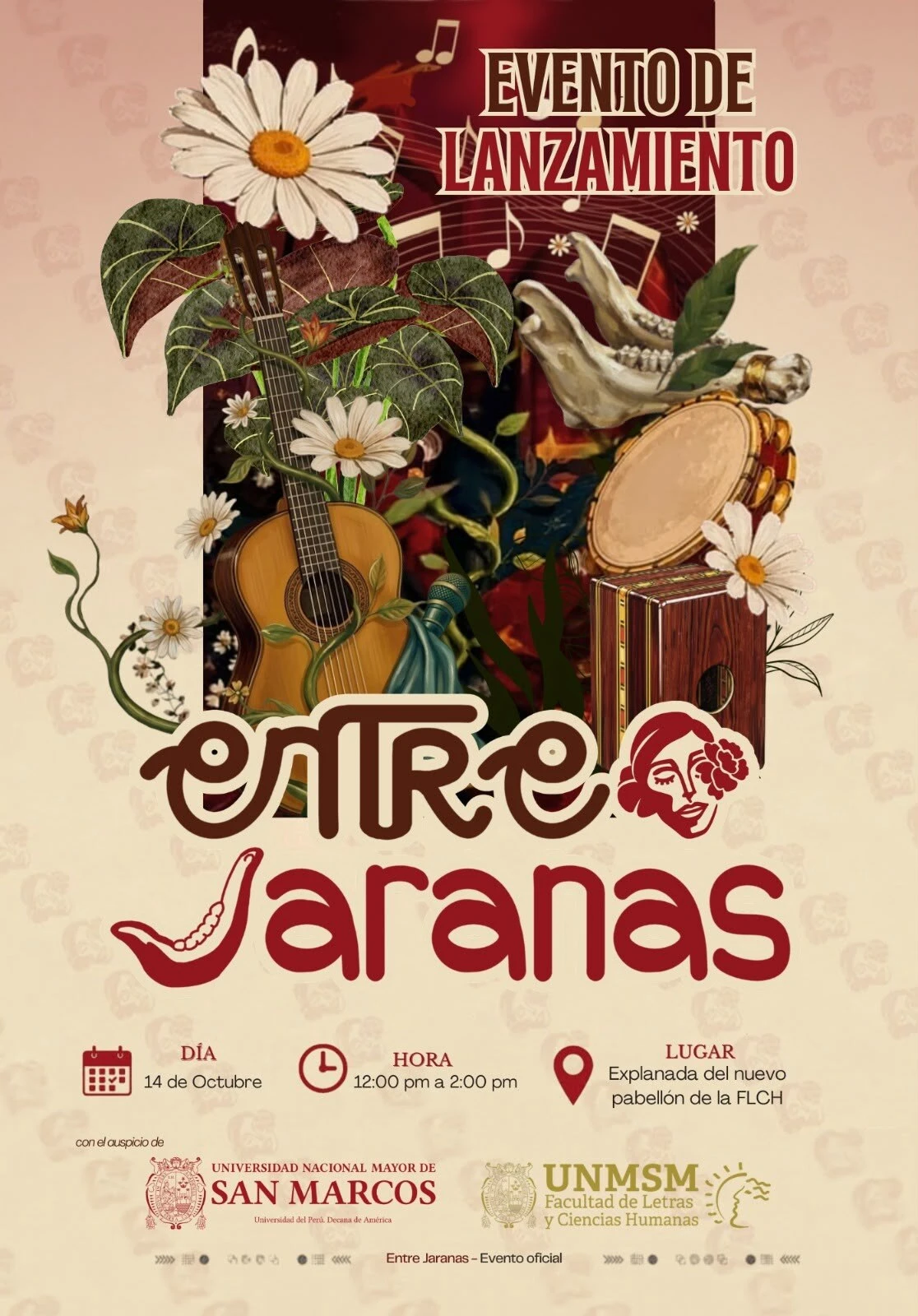 Afiche del evento de lanzamiento de Entre Jaranas: 14 de octubre, de 12:00 a 2:00 p. m., en la explanada del nuevo pabellón de la FLCH.